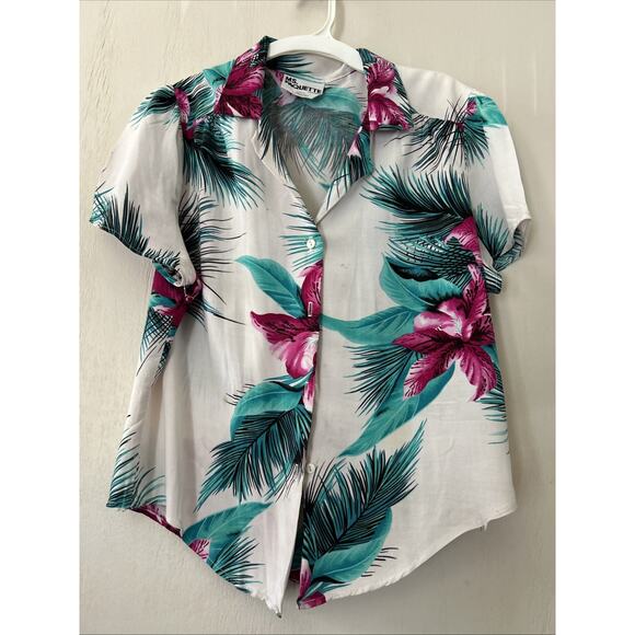 Vintage 90s Ms Paquette Hawaiian Aloha Shirt Hibiscus Womens Large USA Made - Picture 1 of 9